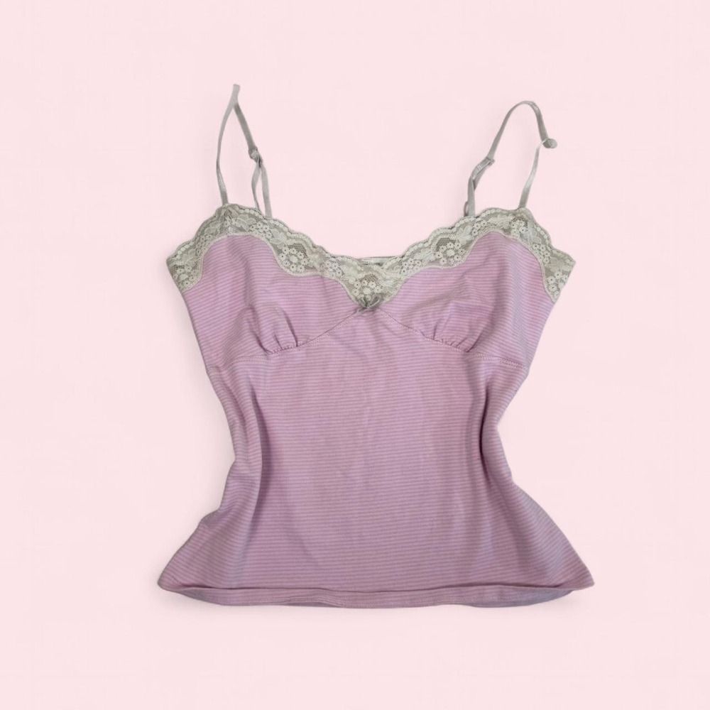 y2k Loft pink & white striped babydoll lace trim camisole tank top